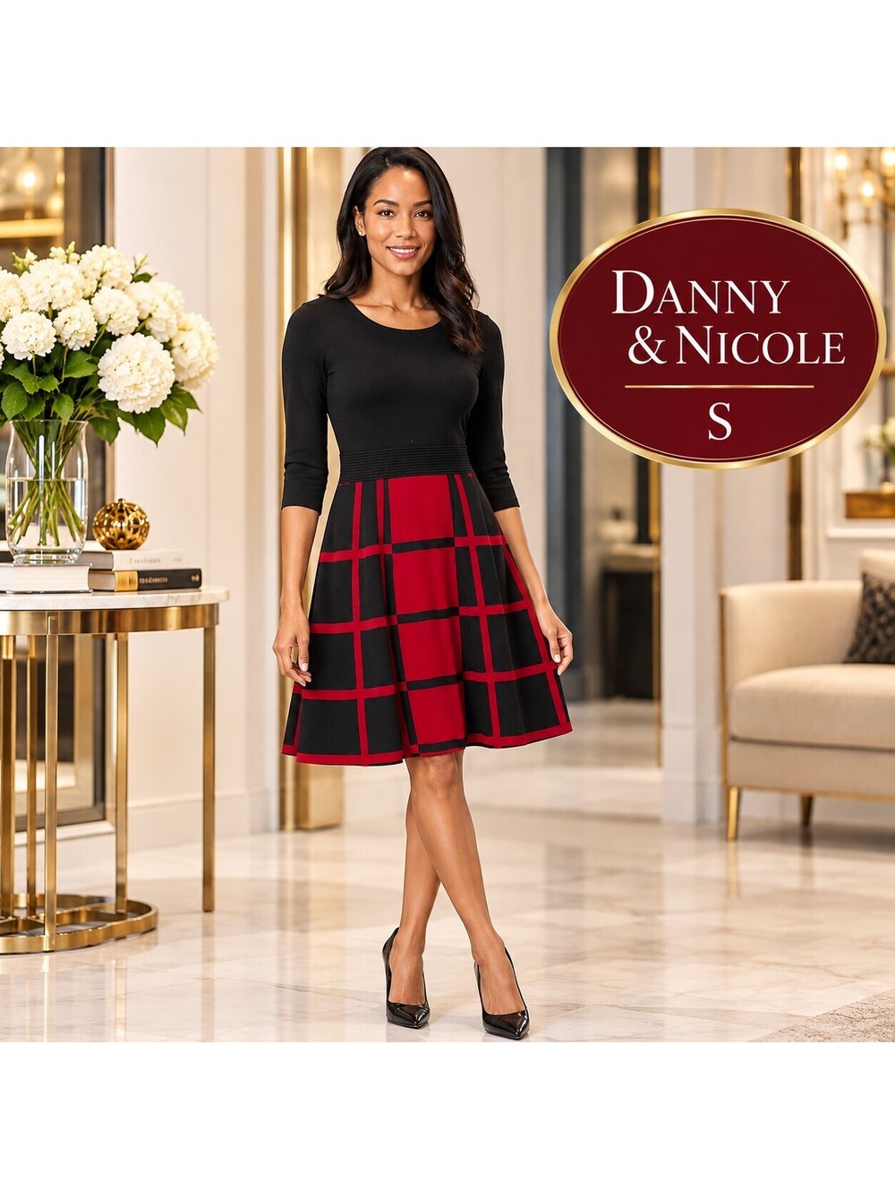 Danny & Nicole | S | Black Red Colorblock Three Quarter Sleeve Dress